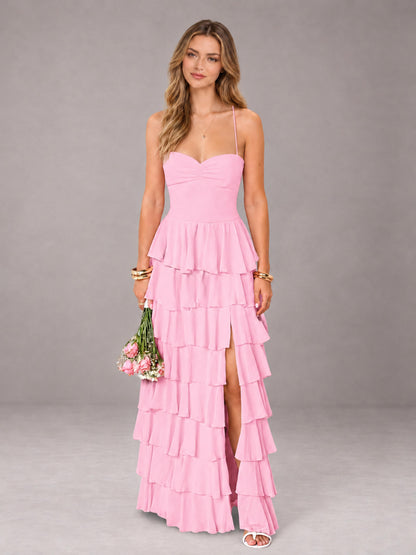 Candy Pink Sweetheart Neck Spaghetti Straps Pleated Floor Length Bridesmaid Dress