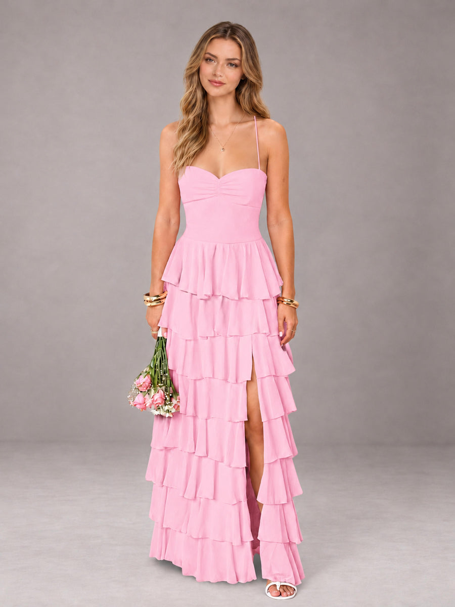 Candy Pink Sweetheart Neck Spaghetti Straps Pleated Floor Length Bridesmaid Dress