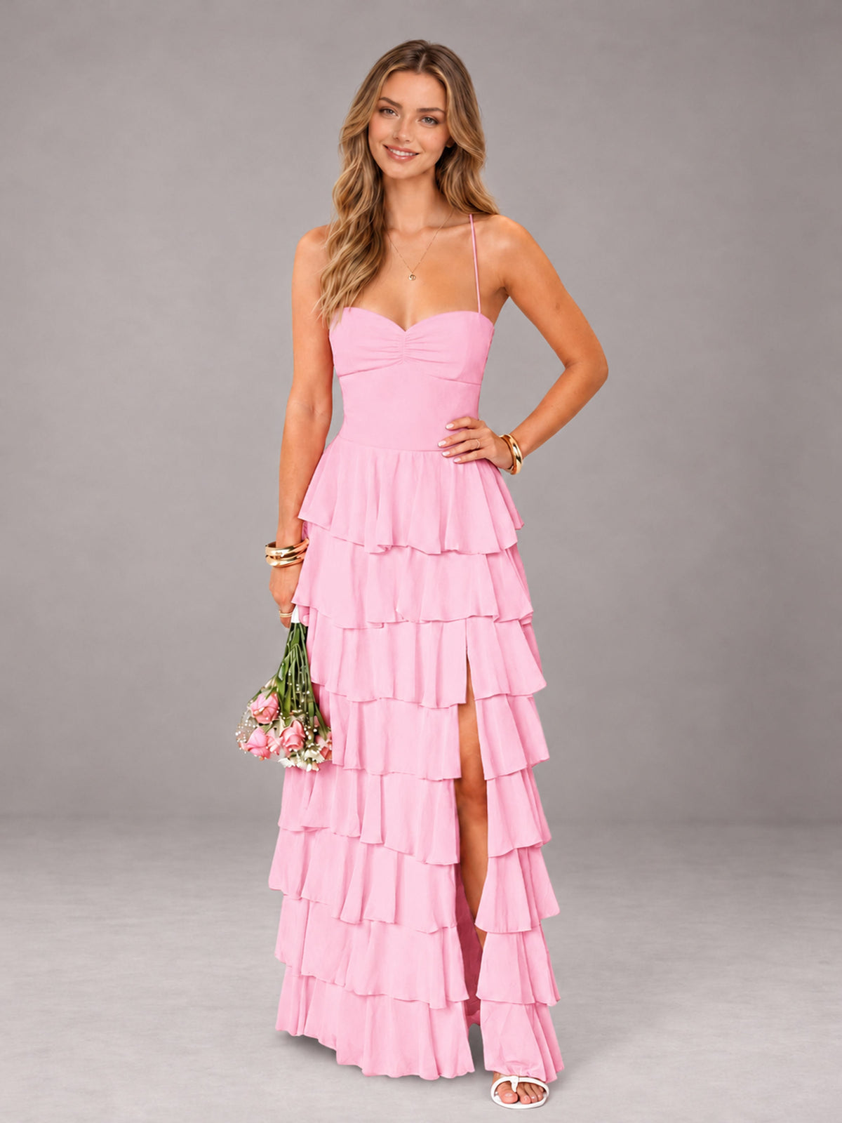 Candy Pink Sweetheart Neck Spaghetti Straps Pleated Floor Length Bridesmaid Dress