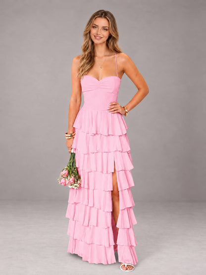 Candy Pink Sweetheart Neck Spaghetti Straps Pleated Floor Length Bridesmaid Dress