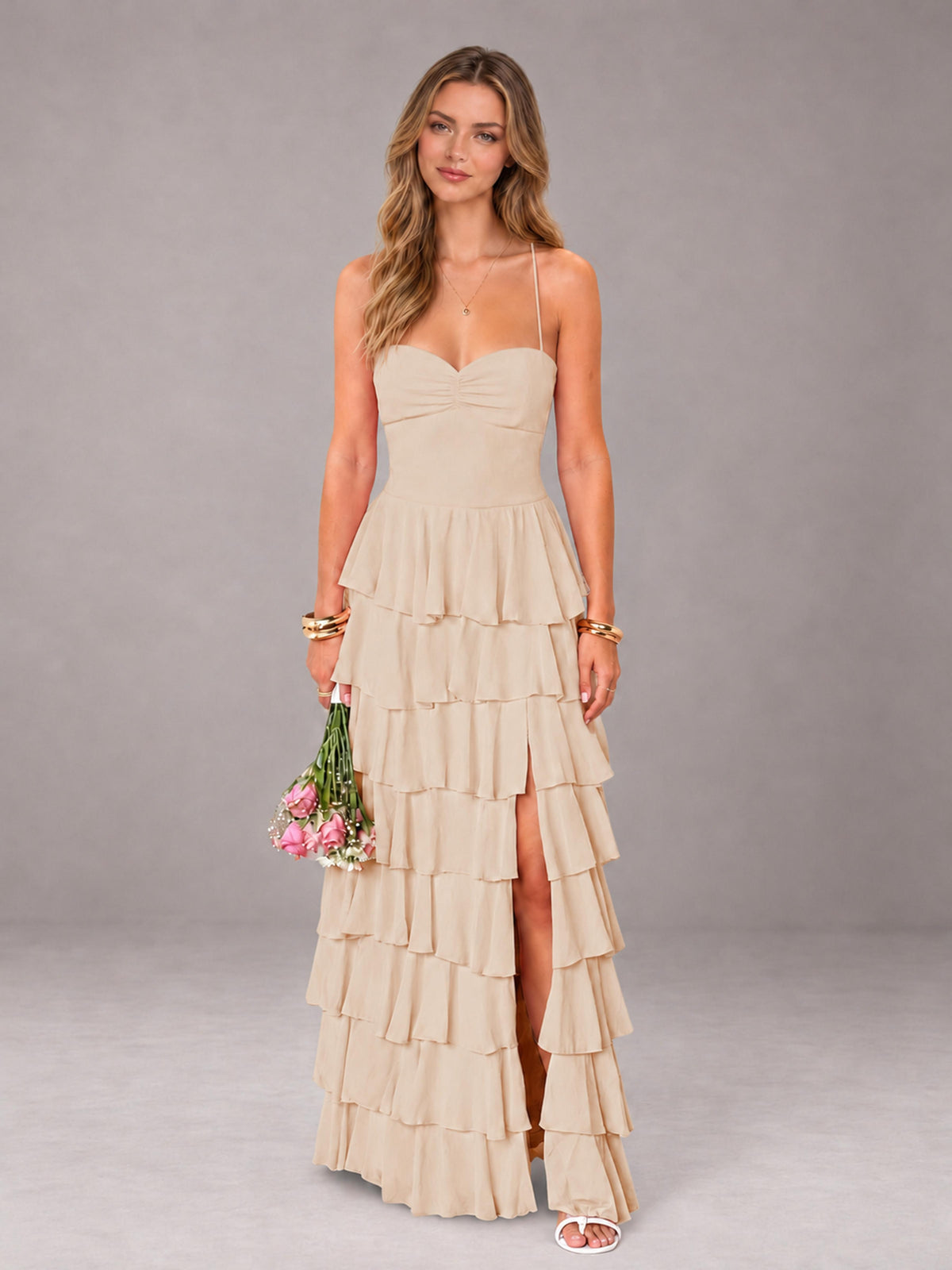 Champagne Sweetheart Neck Spaghetti Straps Pleated Floor Length Bridesmaid Dress