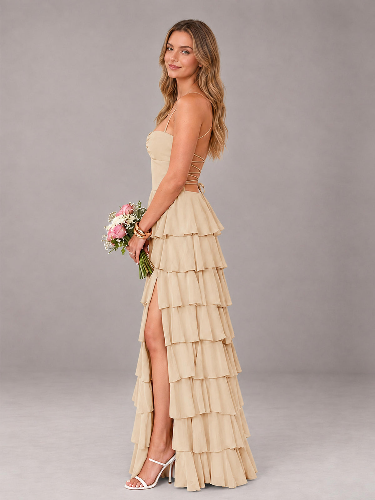Champagne Sweetheart Neck Spaghetti Straps Pleated Floor Length Bridesmaid Dress