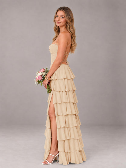 Champagne Sweetheart Neck Spaghetti Straps Pleated Floor Length Bridesmaid Dress