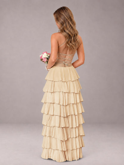 Champagne Sweetheart Neck Spaghetti Straps Pleated Floor Length Bridesmaid Dress