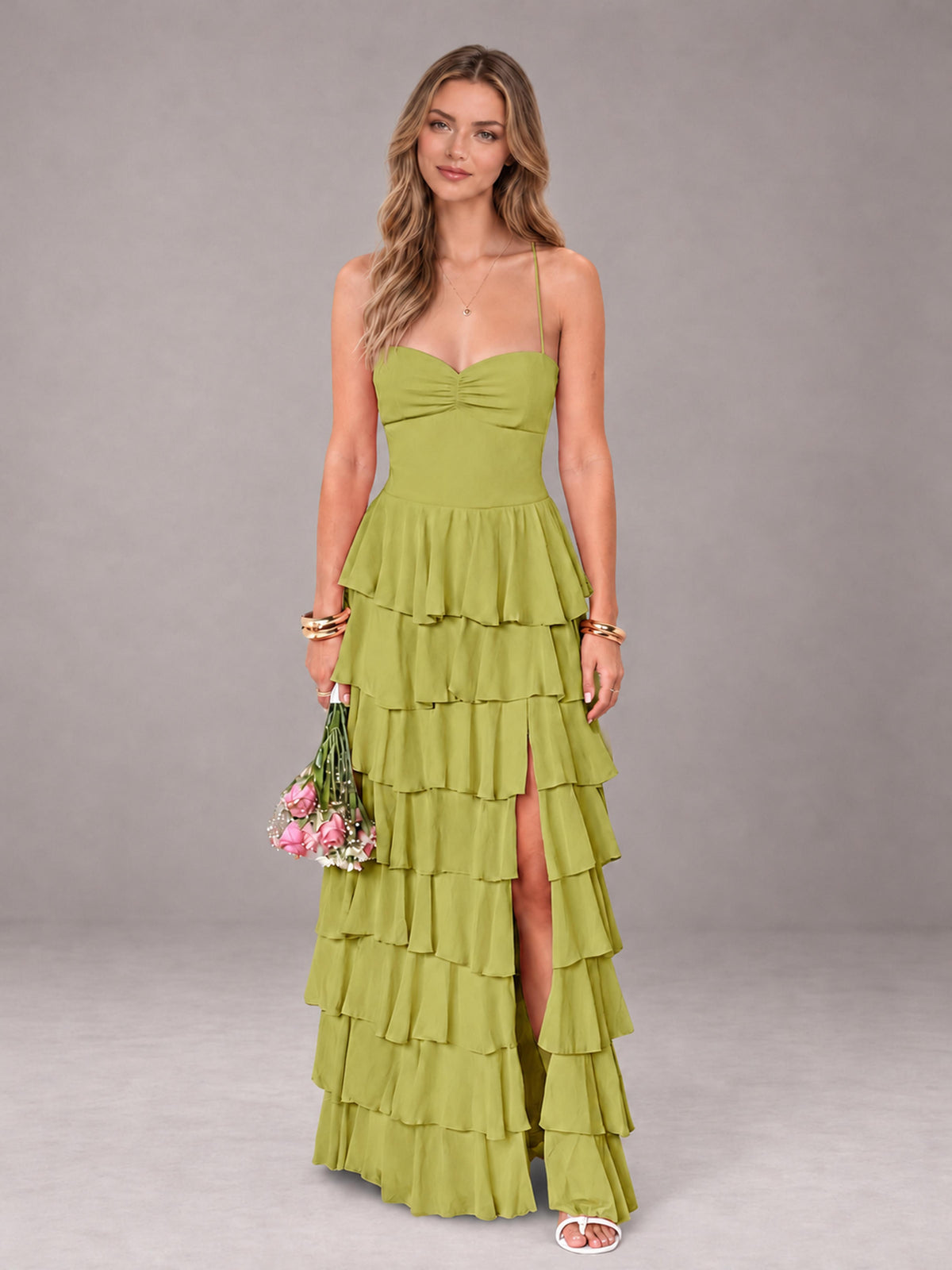 Chartreuse Sweetheart Neck Spaghetti Straps Pleated Floor Length Bridesmaid Dress