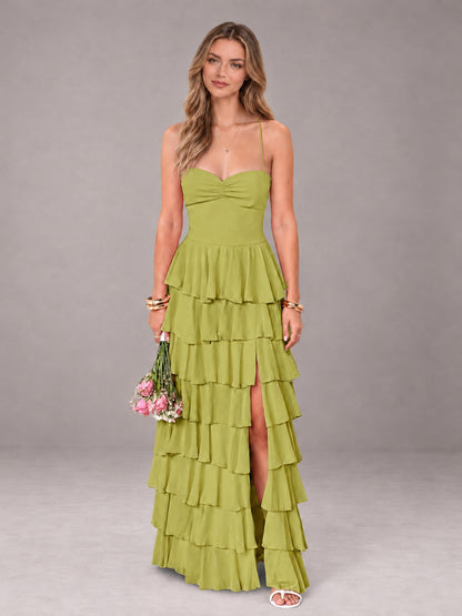 Chartreuse Sweetheart Neck Spaghetti Straps Pleated Floor Length Bridesmaid Dress