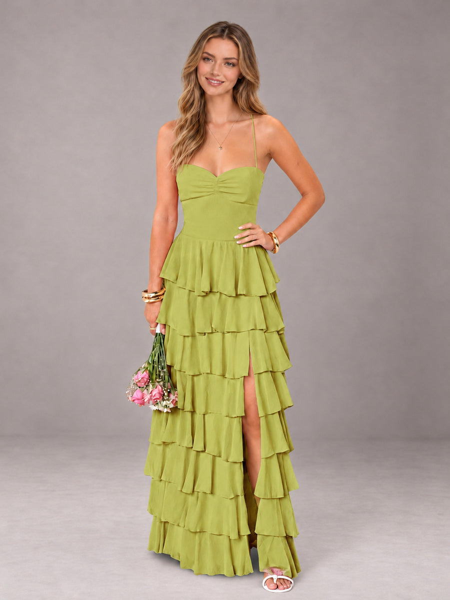 Chartreuse Sweetheart Neck Spaghetti Straps Pleated Floor Length Bridesmaid Dress