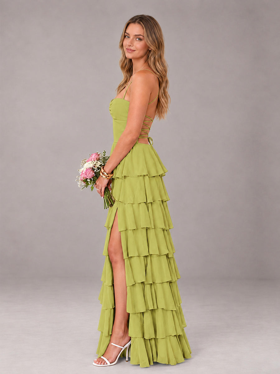 Chartreuse Sweetheart Neck Spaghetti Straps Pleated Floor Length Bridesmaid Dress
