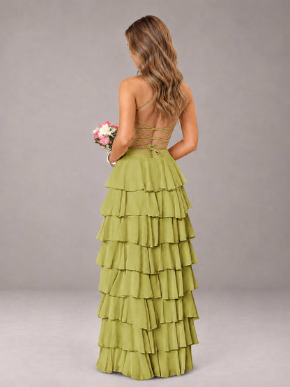 Chartreuse Sweetheart Neck Spaghetti Straps Pleated Floor Length Bridesmaid Dress