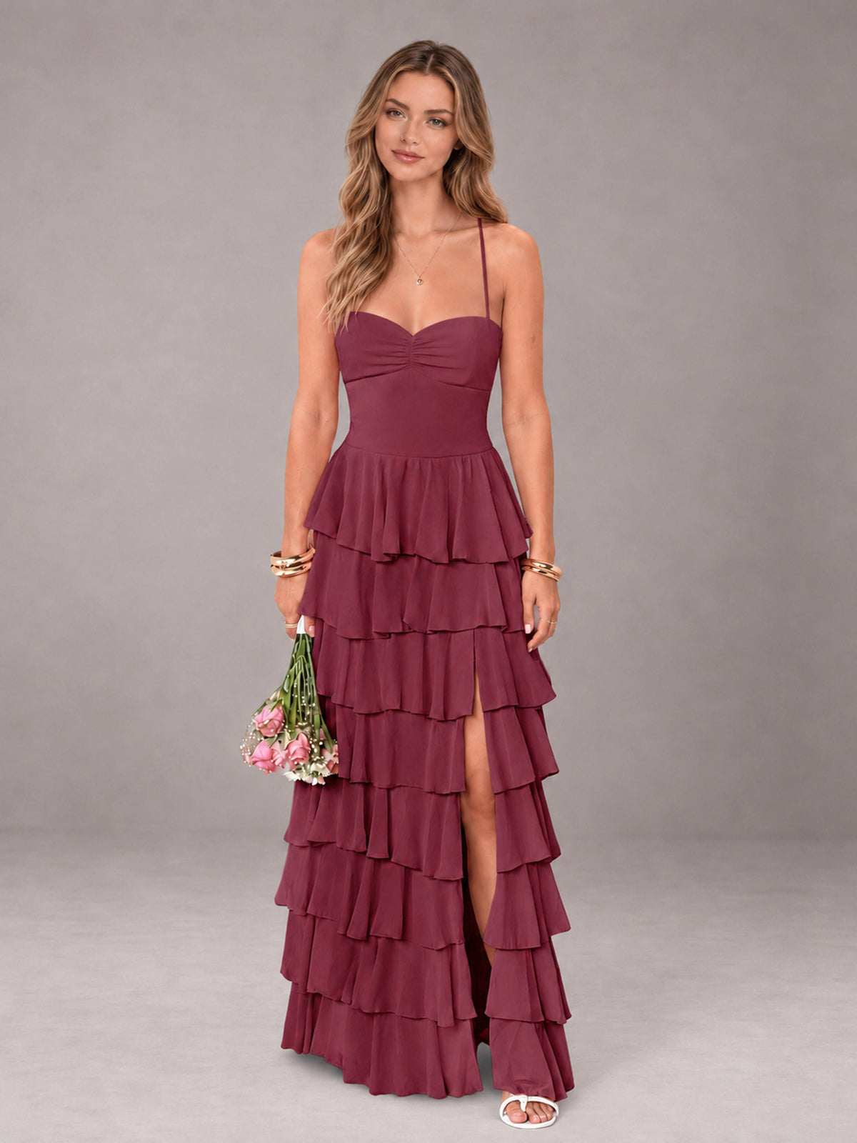 Cinnamon Rose Sweetheart Neck Spaghetti Straps Pleated Floor Length Bridesmaid Dress