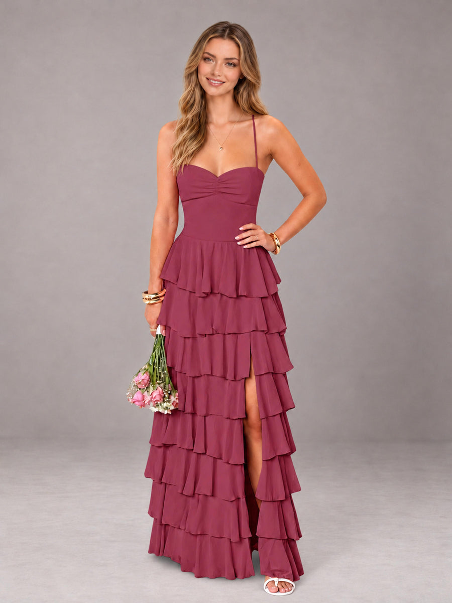 Cinnamon Rose Sweetheart Neck Spaghetti Straps Pleated Floor Length Bridesmaid Dress