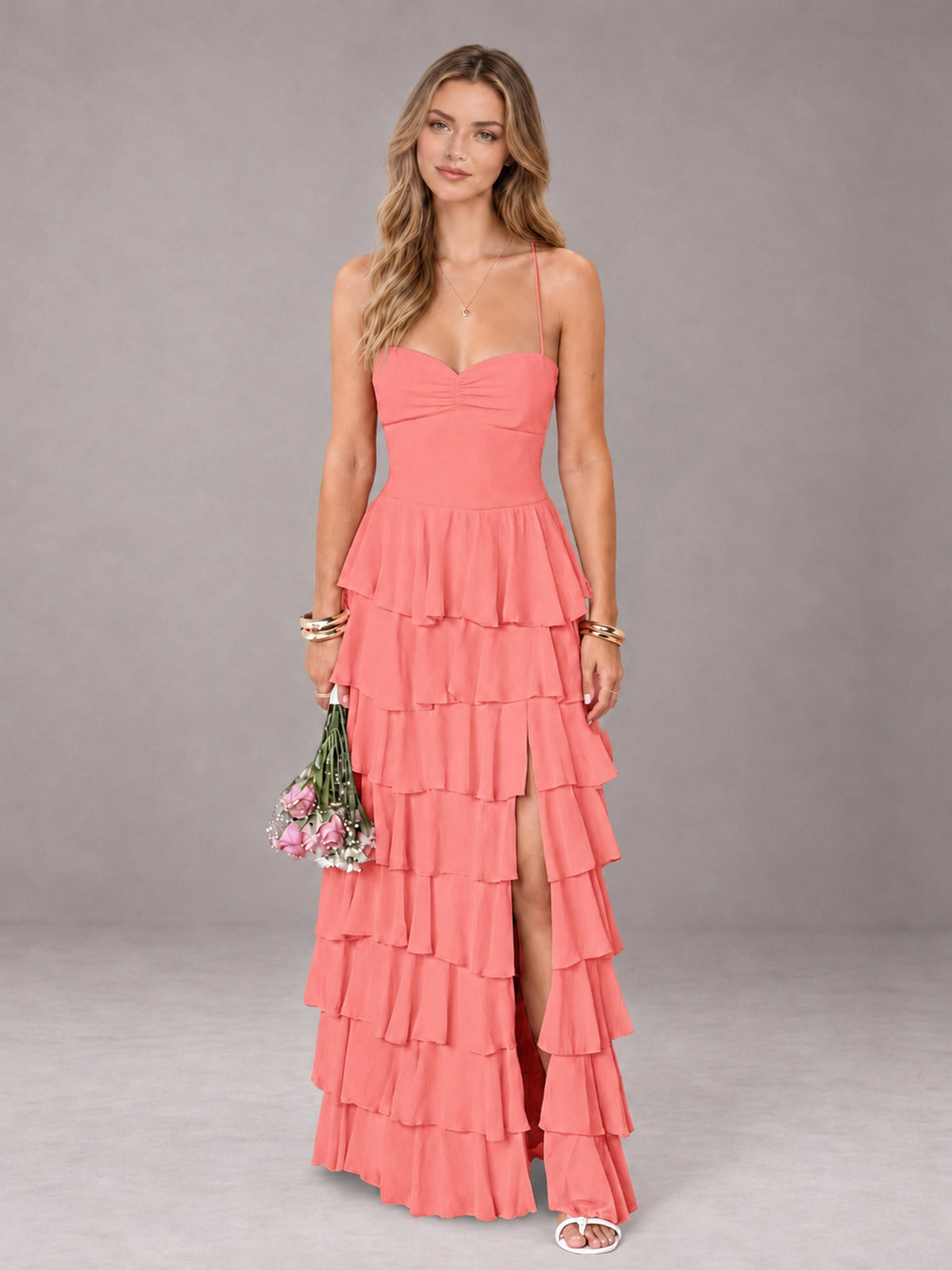 Coral Sweetheart Neck Spaghetti Straps Pleated Floor Length Bridesmaid Dress