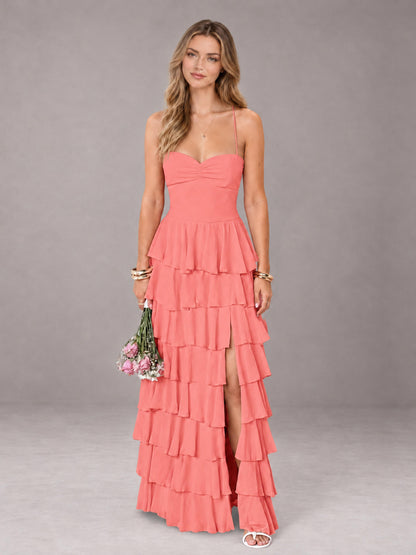 Coral Sweetheart Neck Spaghetti Straps Pleated Floor Length Bridesmaid Dress