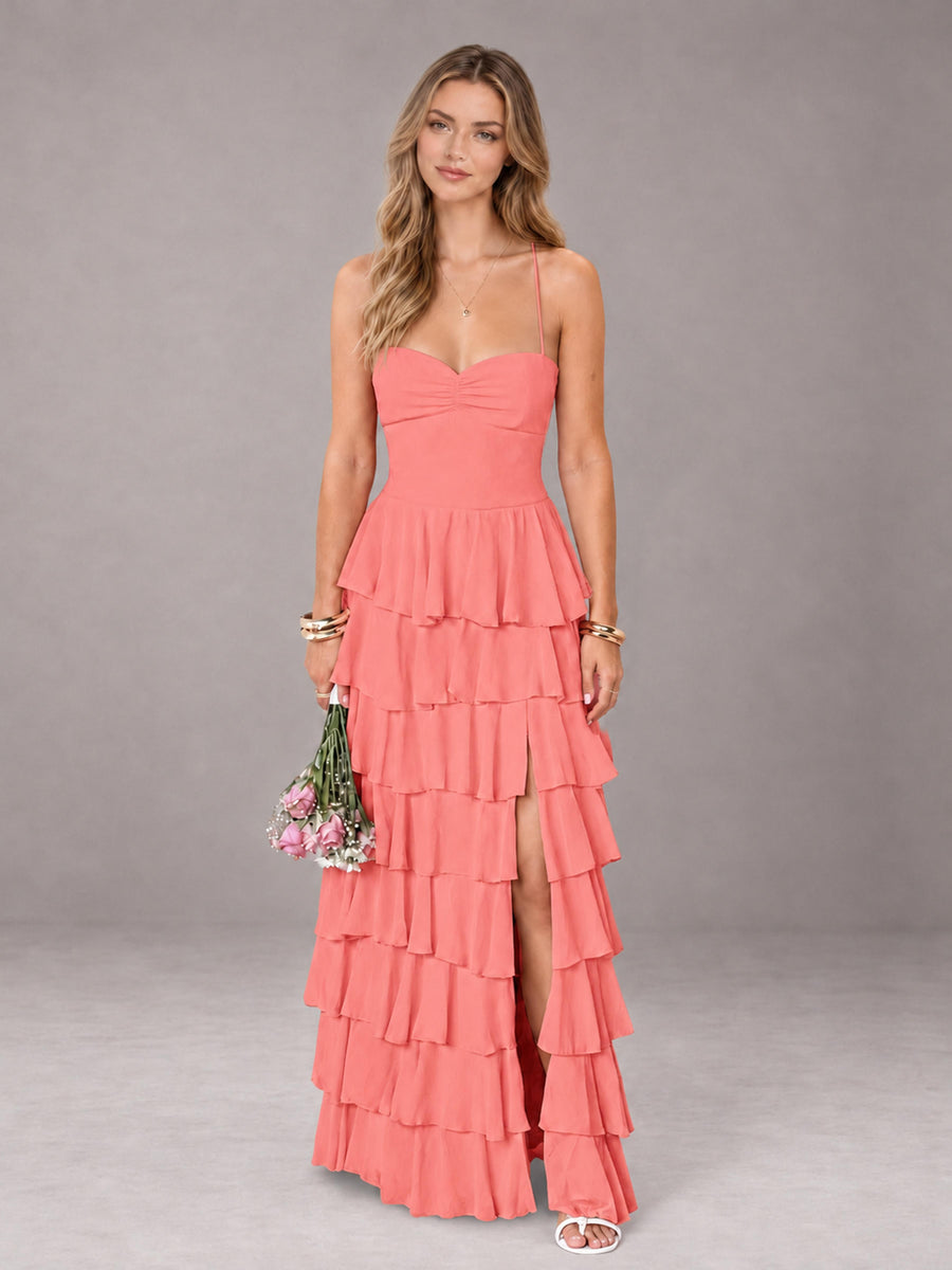 Coral Sweetheart Neck Spaghetti Straps Pleated Floor Length Bridesmaid Dress