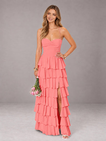 Coral Sweetheart Neck Spaghetti Straps Pleated Floor Length Bridesmaid Dress