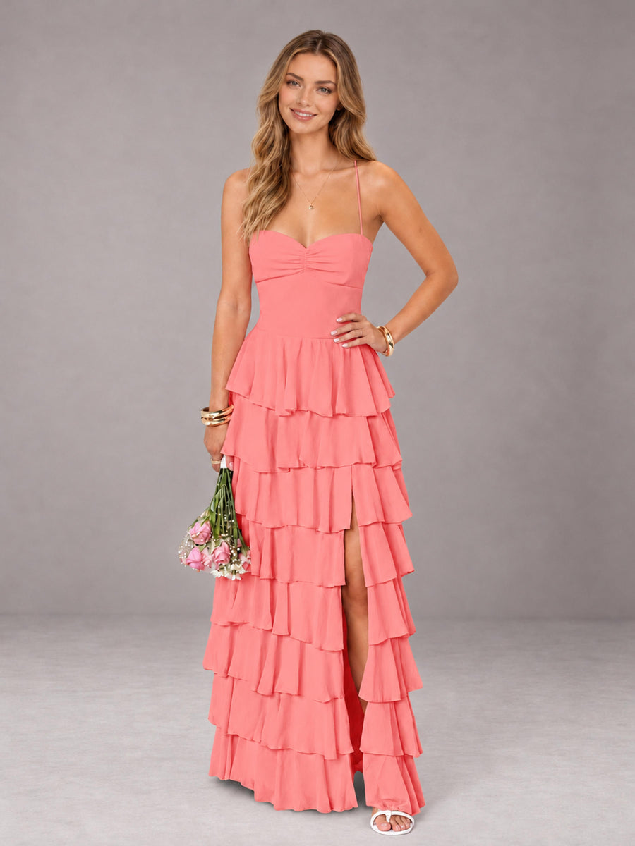 Coral Sweetheart Neck Spaghetti Straps Pleated Floor Length Bridesmaid Dress