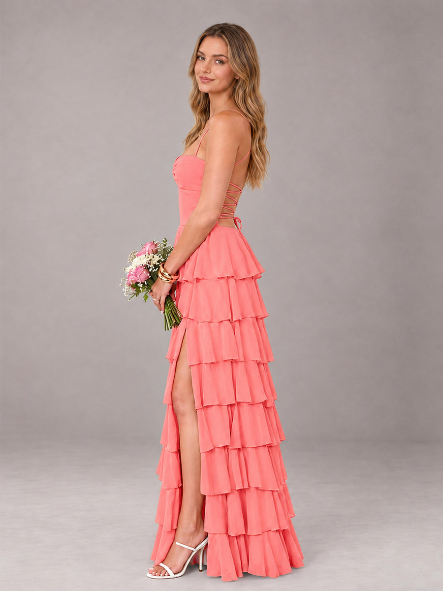 Coral Sweetheart Neck Spaghetti Straps Pleated Floor Length Bridesmaid Dress