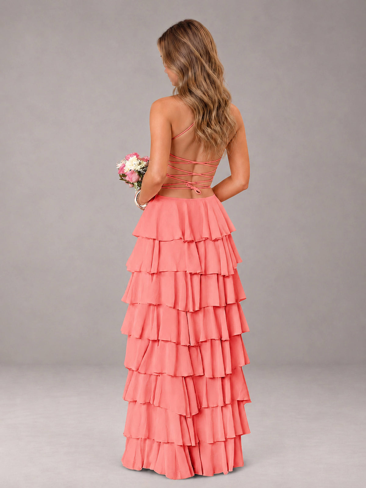 Coral Sweetheart Neck Spaghetti Straps Pleated Floor Length Bridesmaid Dress