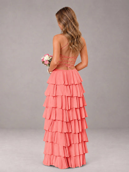 Coral Sweetheart Neck Spaghetti Straps Pleated Floor Length Bridesmaid Dress