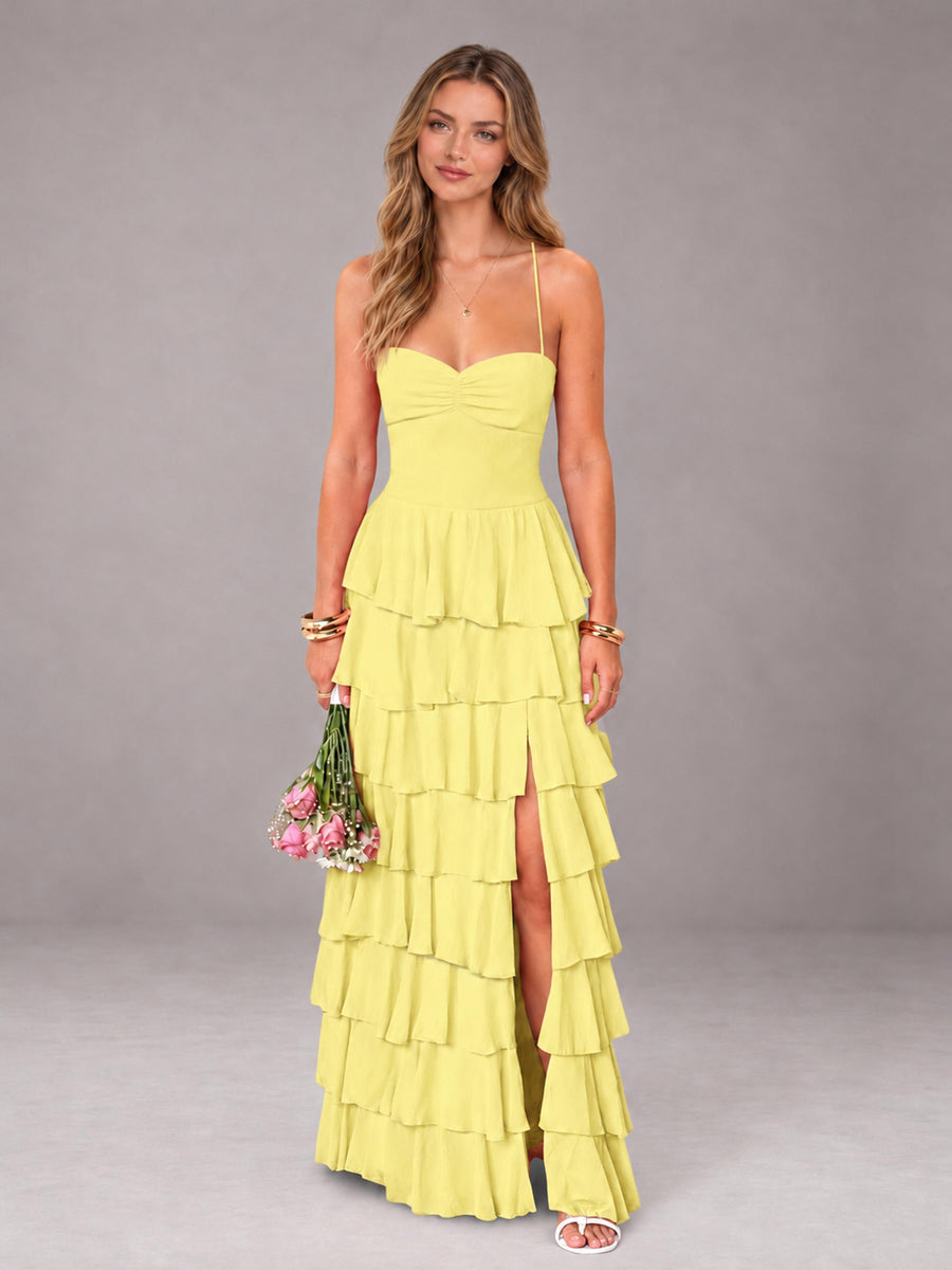 Daffodil Sweetheart Neck Spaghetti Straps Pleated Floor Length Bridesmaid Dress