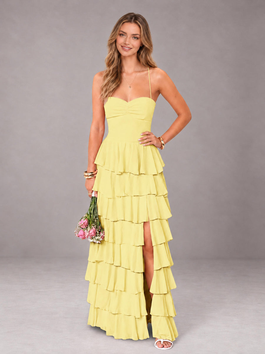 Daffodil Sweetheart Neck Spaghetti Straps Pleated Floor Length Bridesmaid Dress
