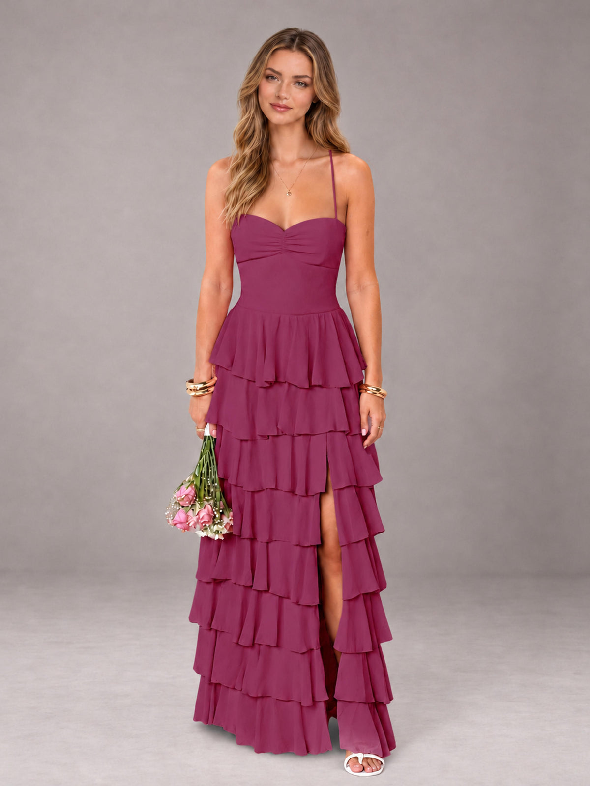 Desert Rose Sweetheart Neck Spaghetti Straps Pleated Floor Length Bridesmaid Dress