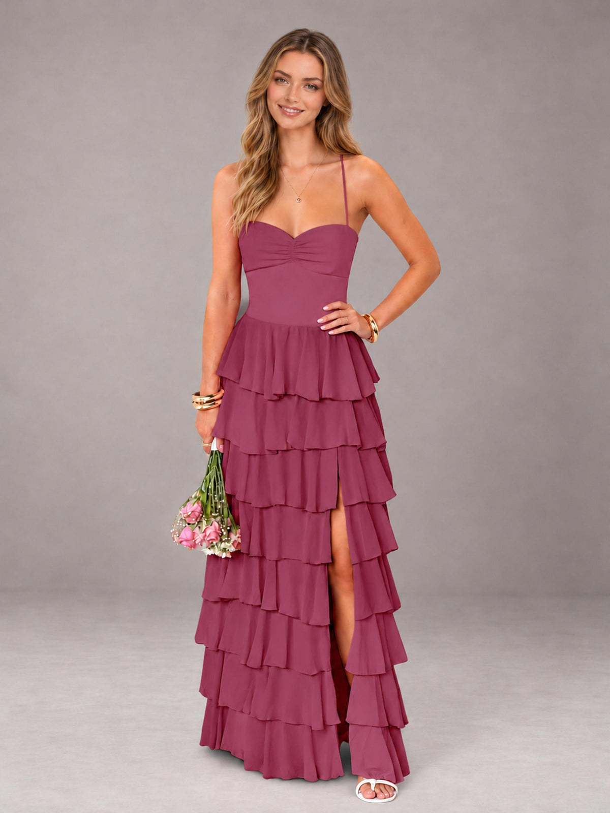 Desert Rose Sweetheart Neck Spaghetti Straps Pleated Floor Length Bridesmaid Dress