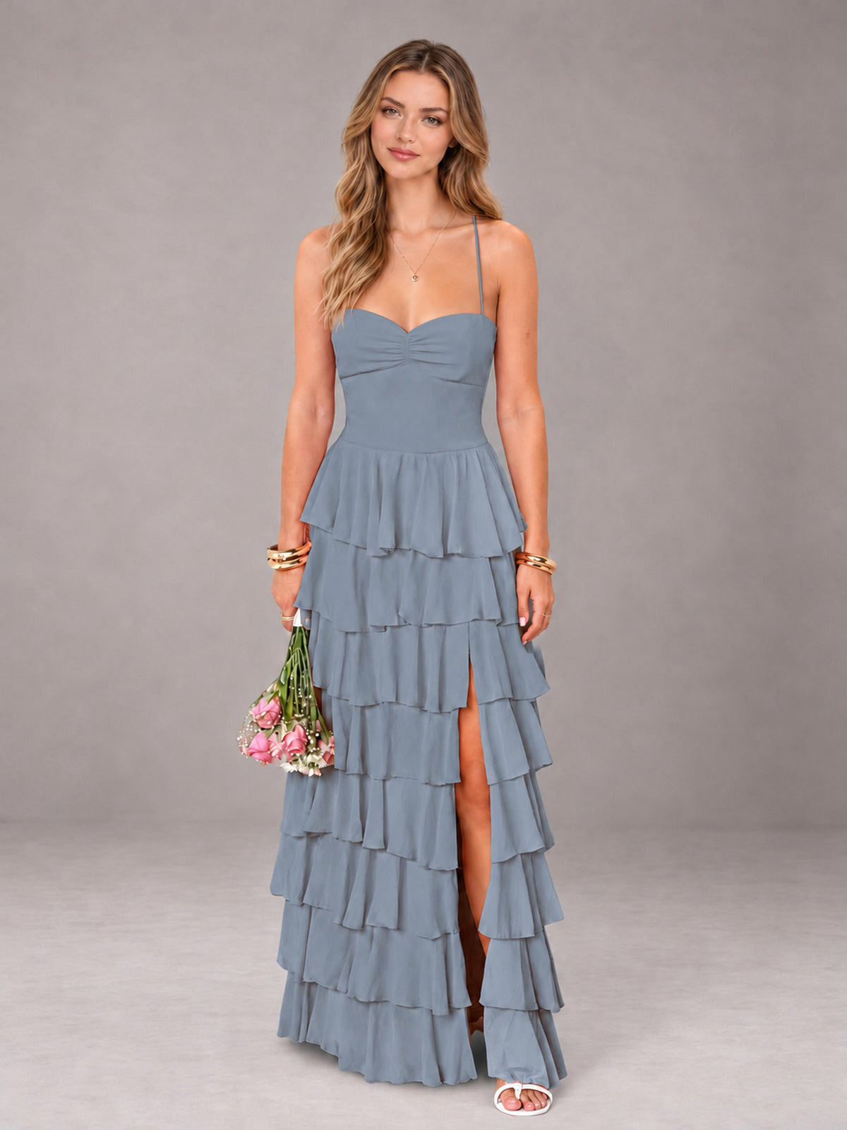 Dusty Blue Sweetheart Neck Spaghetti Straps Pleated Floor Length Bridesmaid Dress