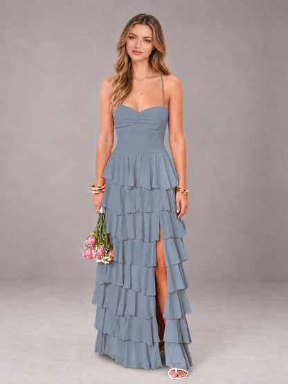 Dusty Blue Sweetheart Neck Spaghetti Straps Pleated Floor Length Bridesmaid Dress
