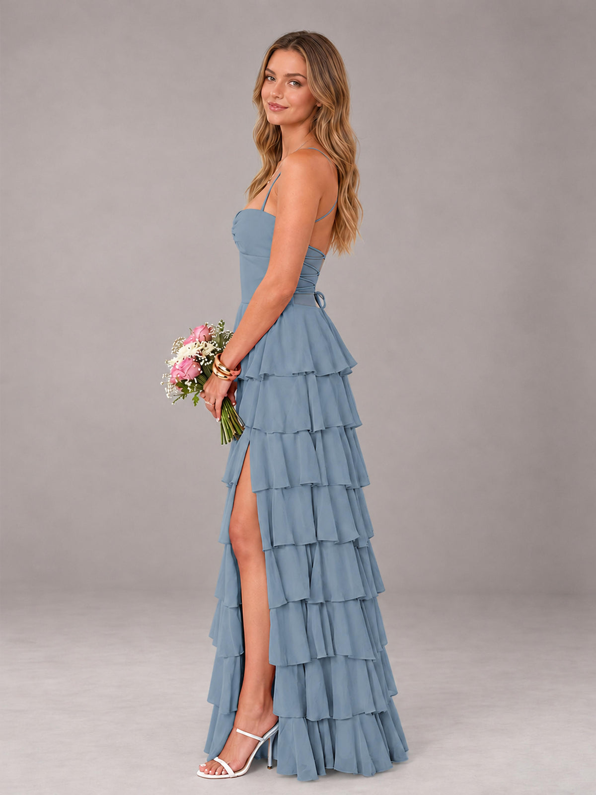 Dusty Blue Sweetheart Neck Spaghetti Straps Pleated Floor Length Bridesmaid Dress