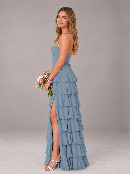 Dusty Blue Sweetheart Neck Spaghetti Straps Pleated Floor Length Bridesmaid Dress