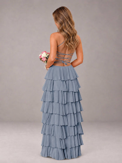 Dusty Blue Sweetheart Neck Spaghetti Straps Pleated Floor Length Bridesmaid Dress