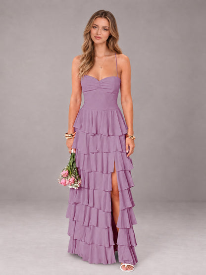 Dusty Purple Sweetheart Neck Spaghetti Straps Pleated Floor Length Bridesmaid Dress
