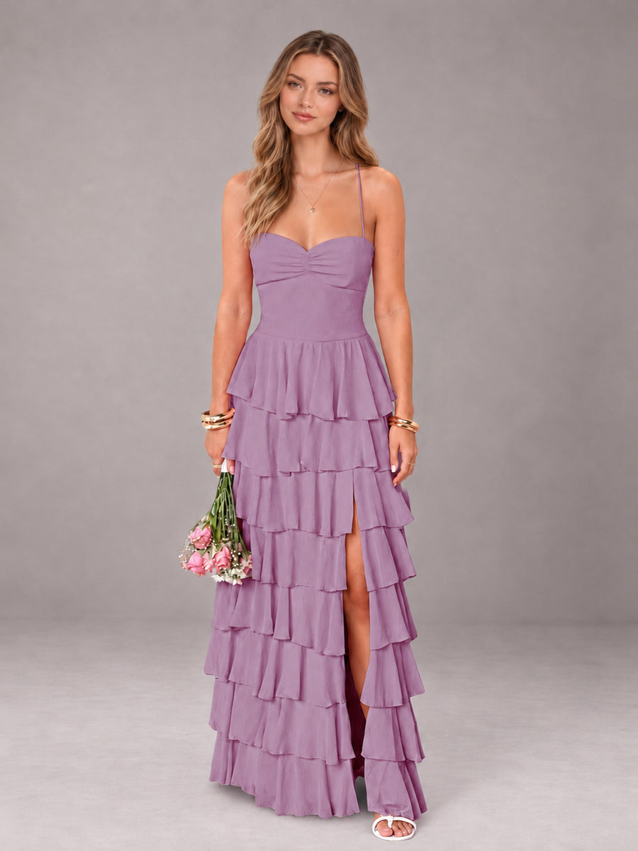 Dusty Purple Sweetheart Neck Spaghetti Straps Pleated Floor Length Bridesmaid Dress