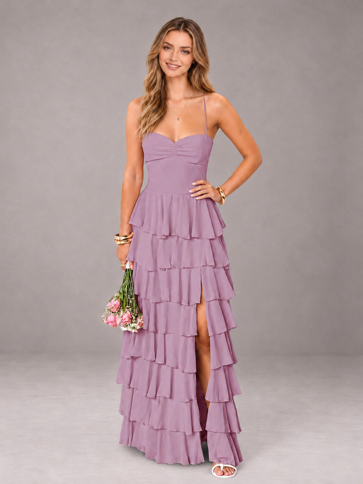 Dusty Purple Sweetheart Neck Spaghetti Straps Pleated Floor Length Bridesmaid Dress