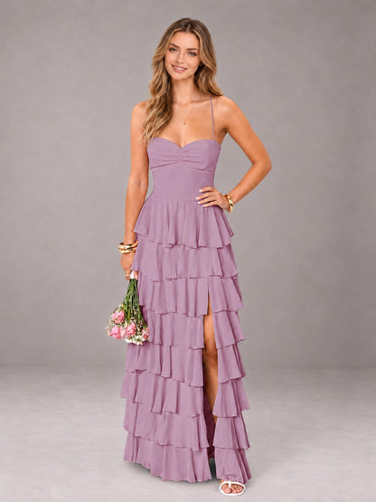 Dusty Purple Sweetheart Neck Spaghetti Straps Pleated Floor Length Bridesmaid Dress