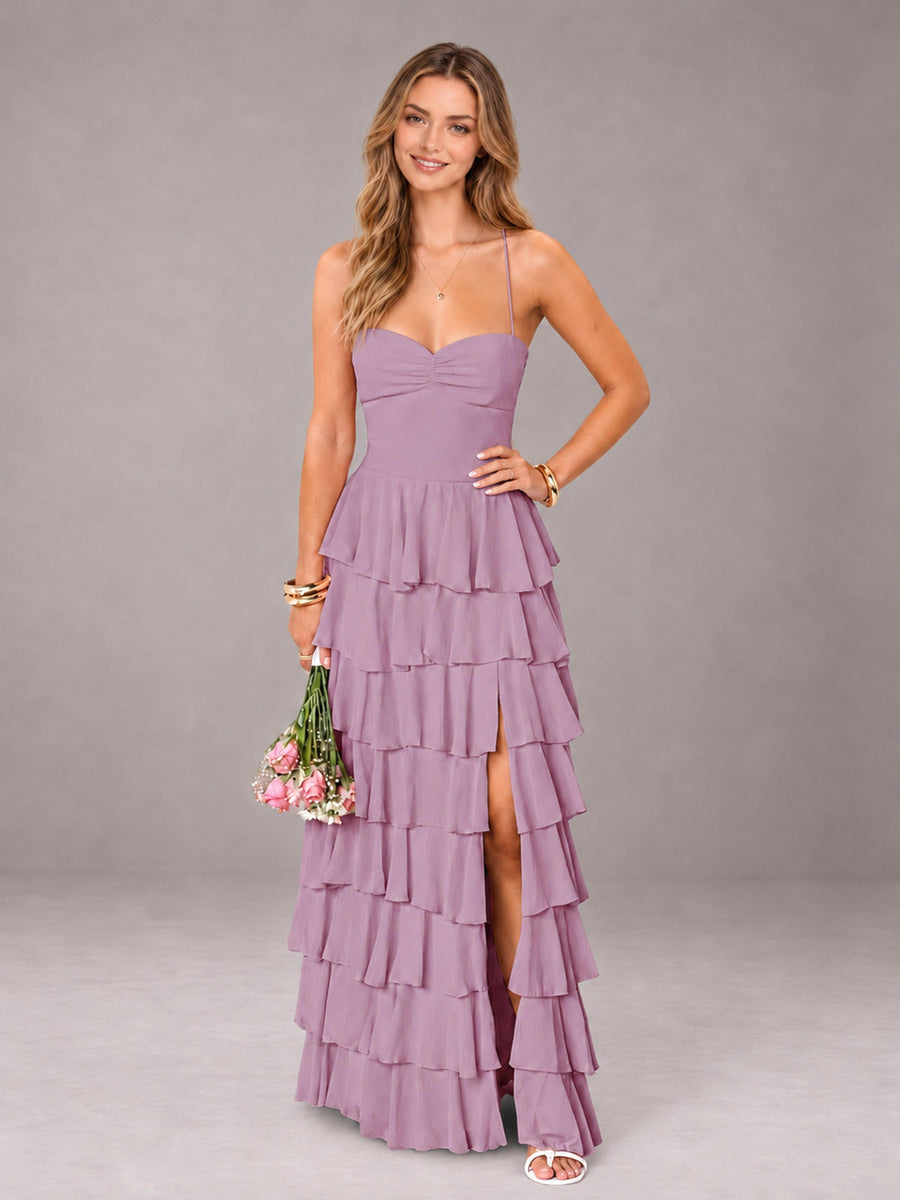 Dusty Purple Sweetheart Neck Spaghetti Straps Pleated Floor Length Bridesmaid Dress