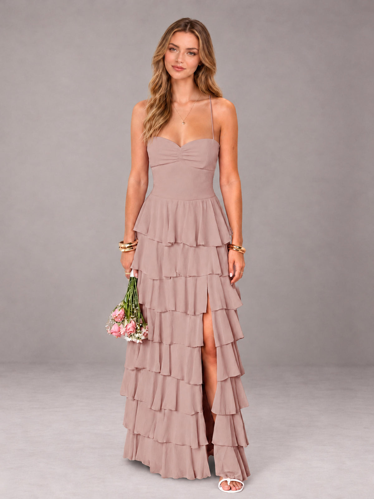 Dusty Rose Sweetheart Neck Spaghetti Straps Pleated Floor Length Bridesmaid Dress