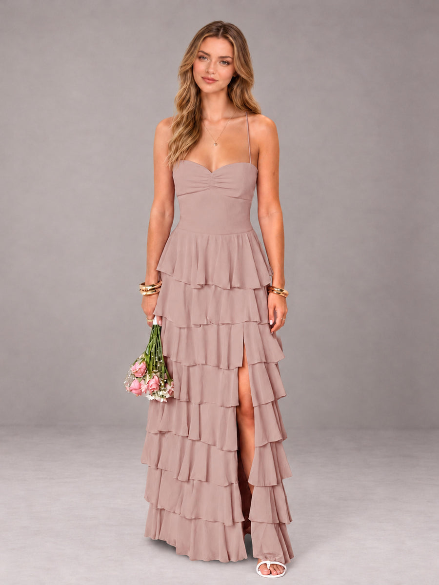 Dusty Rose Sweetheart Neck Spaghetti Straps Pleated Floor Length Bridesmaid Dress