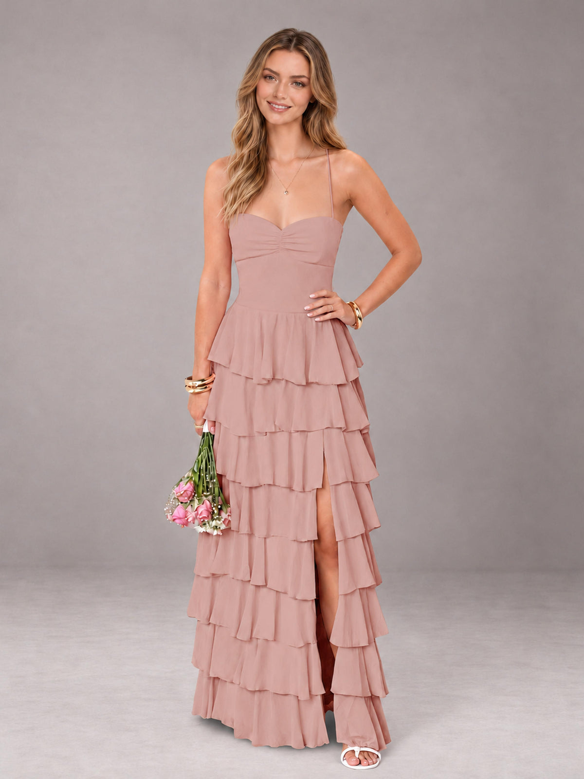 Dusty Rose Sweetheart Neck Spaghetti Straps Pleated Floor Length Bridesmaid Dress