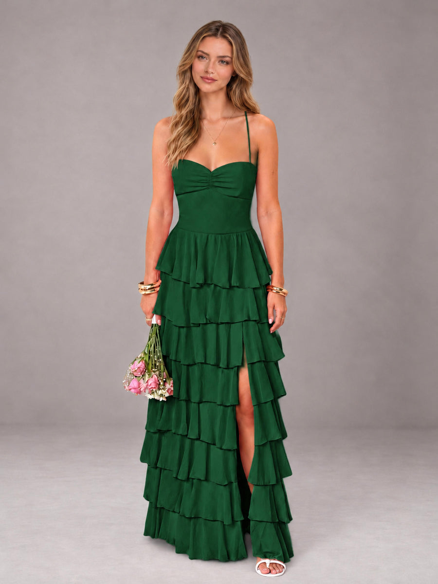 Emerald Green Sweetheart Neck Spaghetti Straps Pleated Floor Length Bridesmaid Dress