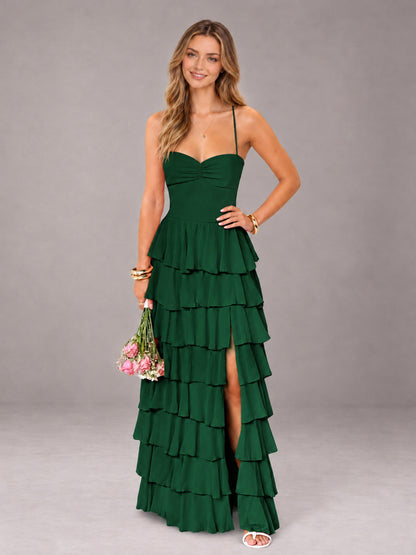 Emerald Green Sweetheart Neck Spaghetti Straps Pleated Floor Length Bridesmaid Dress