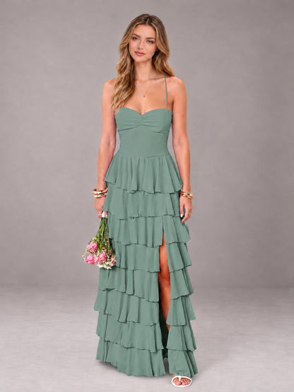 Eucalyptus Sweetheart Neck Spaghetti Straps Pleated Floor Length Bridesmaid Dress