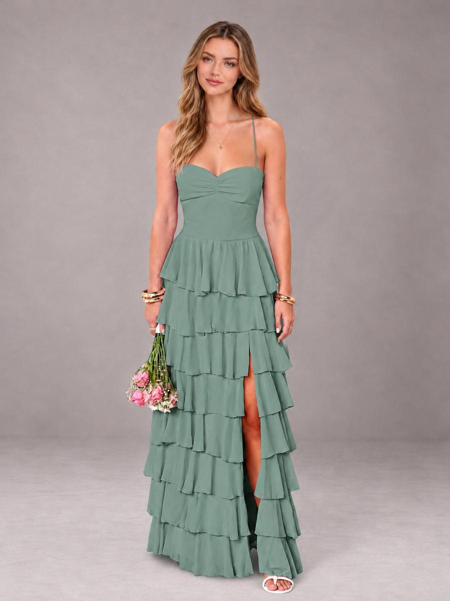 Eucalyptus Sweetheart Neck Spaghetti Straps Pleated Floor Length Bridesmaid Dress
