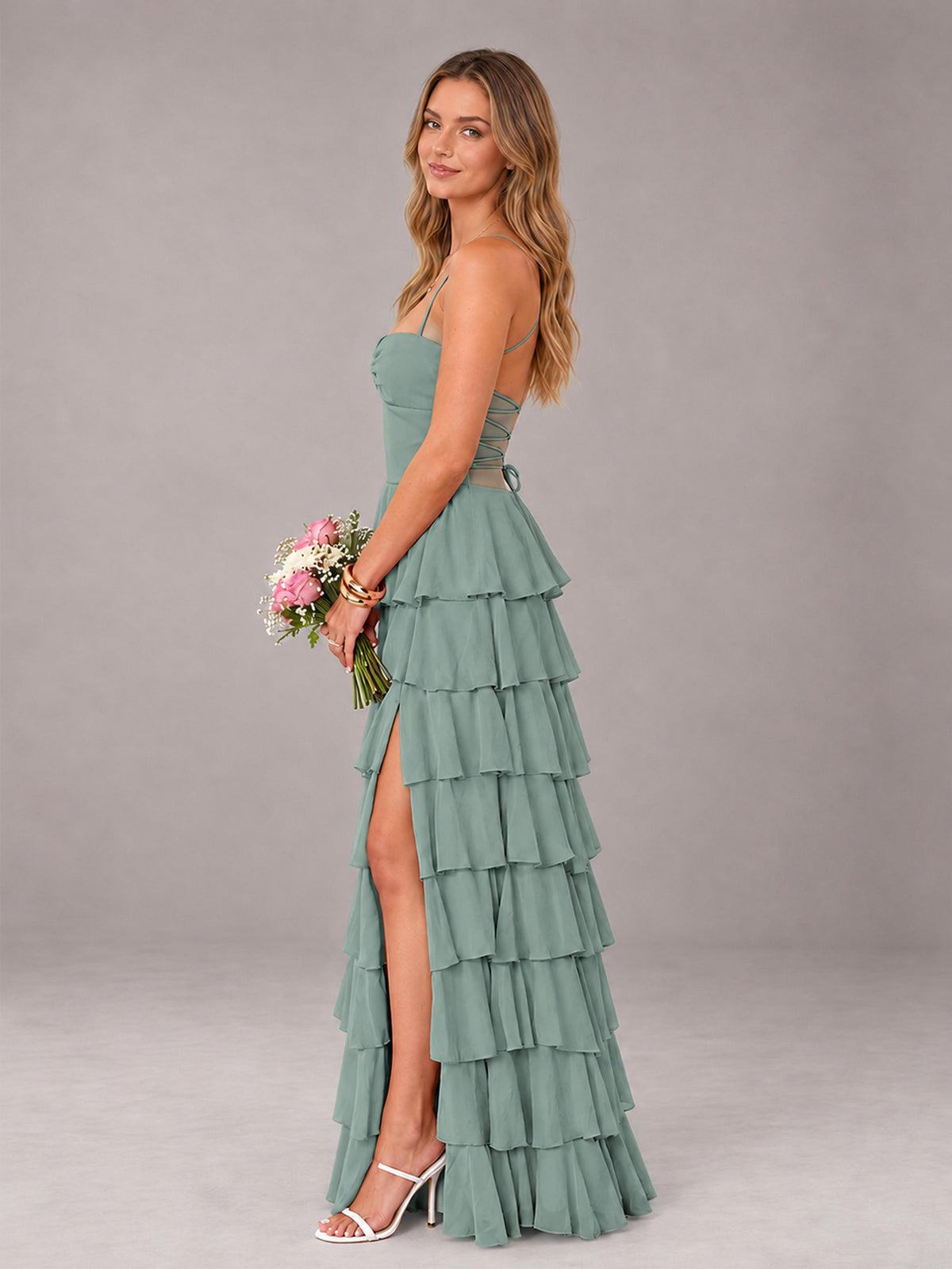 Eucalyptus Sweetheart Neck Spaghetti Straps Pleated Floor Length Bridesmaid Dress