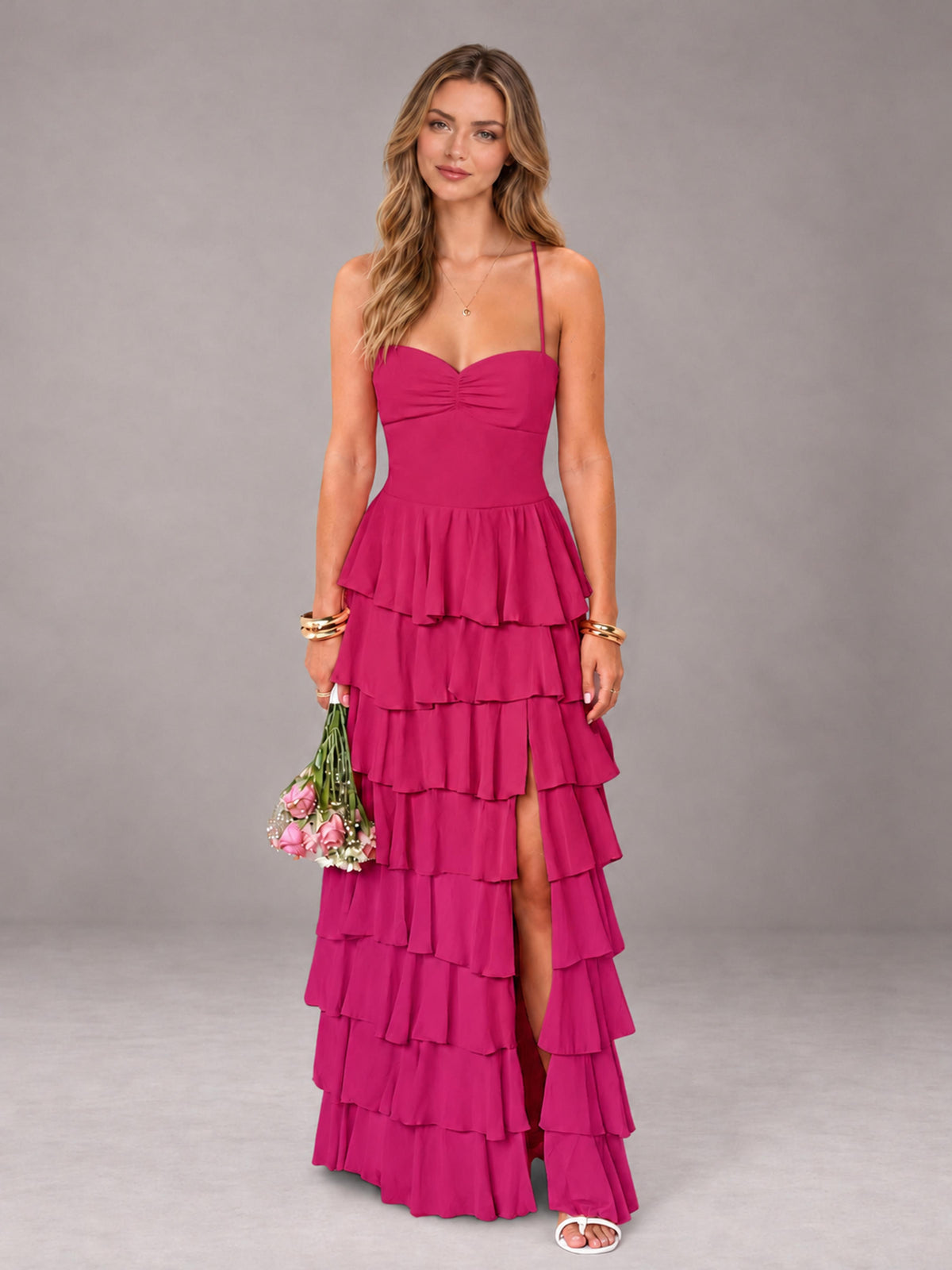 Fuchsia Sweetheart Neck Spaghetti Straps Pleated Floor Length Bridesmaid Dress