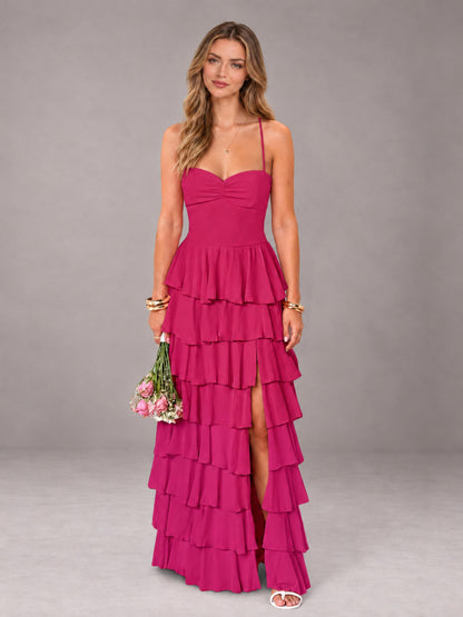 Fuchsia Sweetheart Neck Spaghetti Straps Pleated Floor Length Bridesmaid Dress