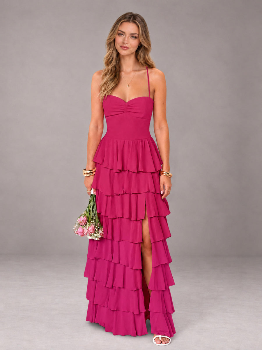 Fuchsia Sweetheart Neck Spaghetti Straps Pleated Floor Length Bridesmaid Dress