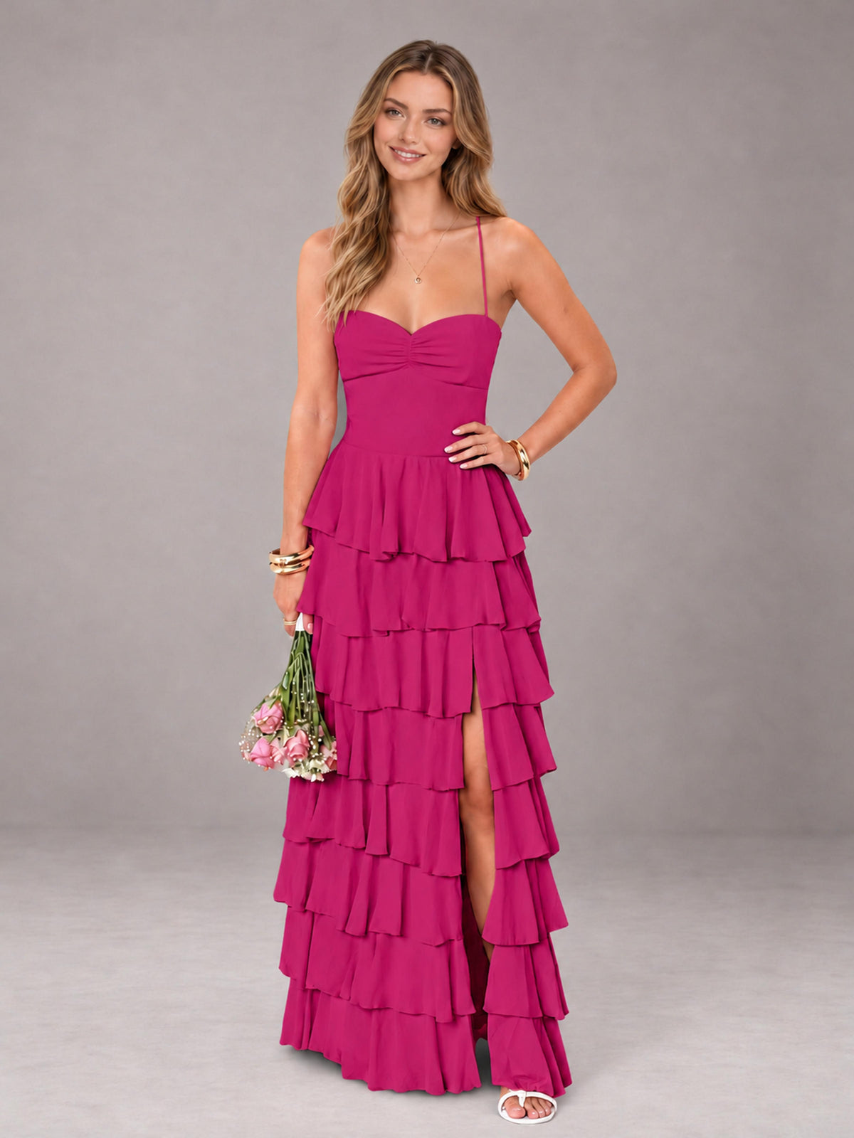 Fuchsia Sweetheart Neck Spaghetti Straps Pleated Floor Length Bridesmaid Dress