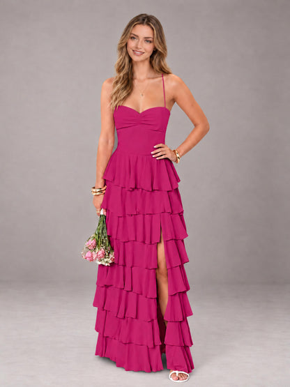 Fuchsia Sweetheart Neck Spaghetti Straps Pleated Floor Length Bridesmaid Dress